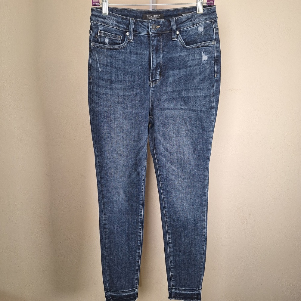 Judy Blue Skinny Fit Jeans Dark Wash Stretch Raw Hem 9/29